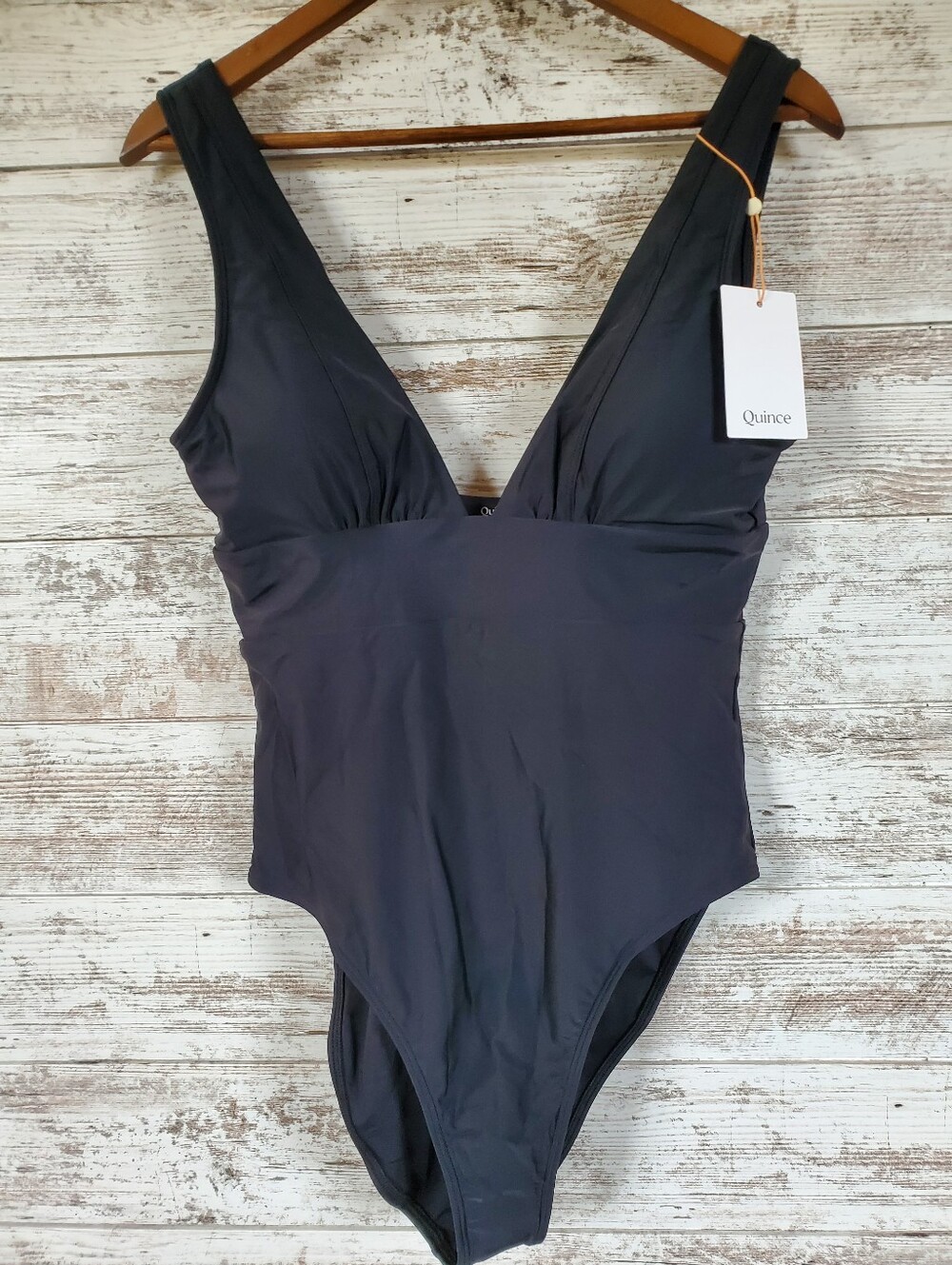 NWT Quince Italian Plunge One-Piece Swimsuit Luxury Classic Black Swimwear